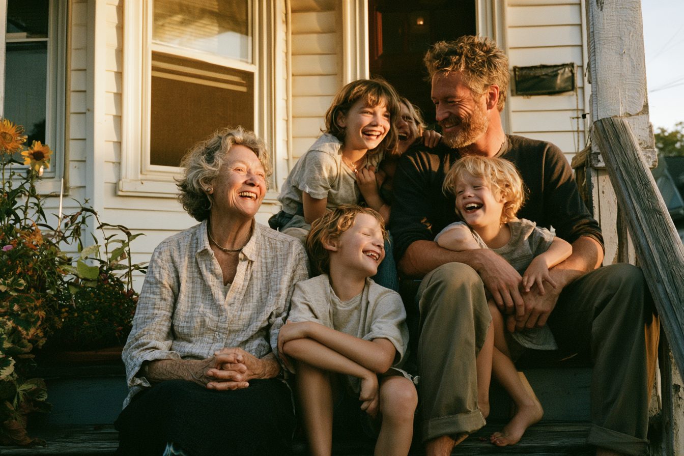 A multigenerational family laughing on their front porch steps