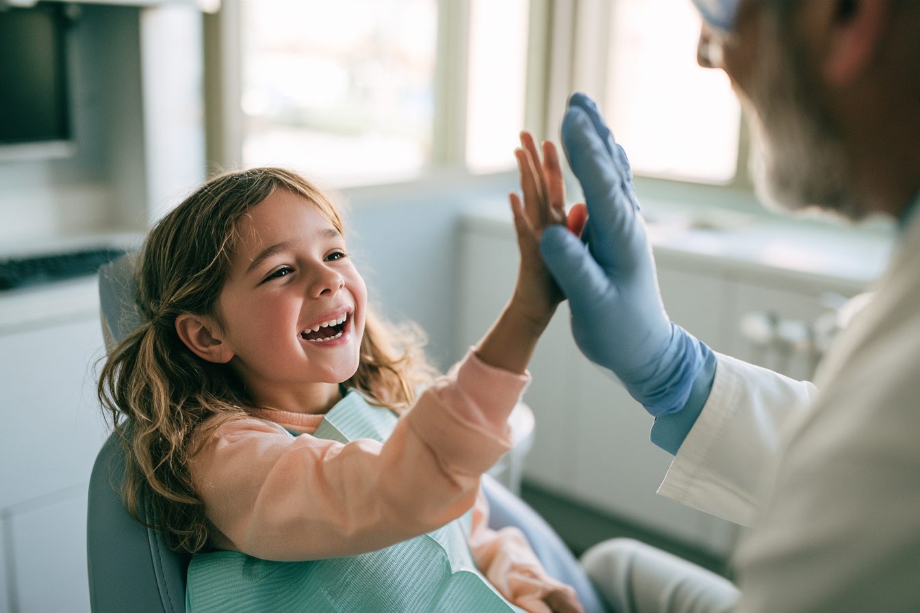 A young girl in a dental chair giving her dentist a high five