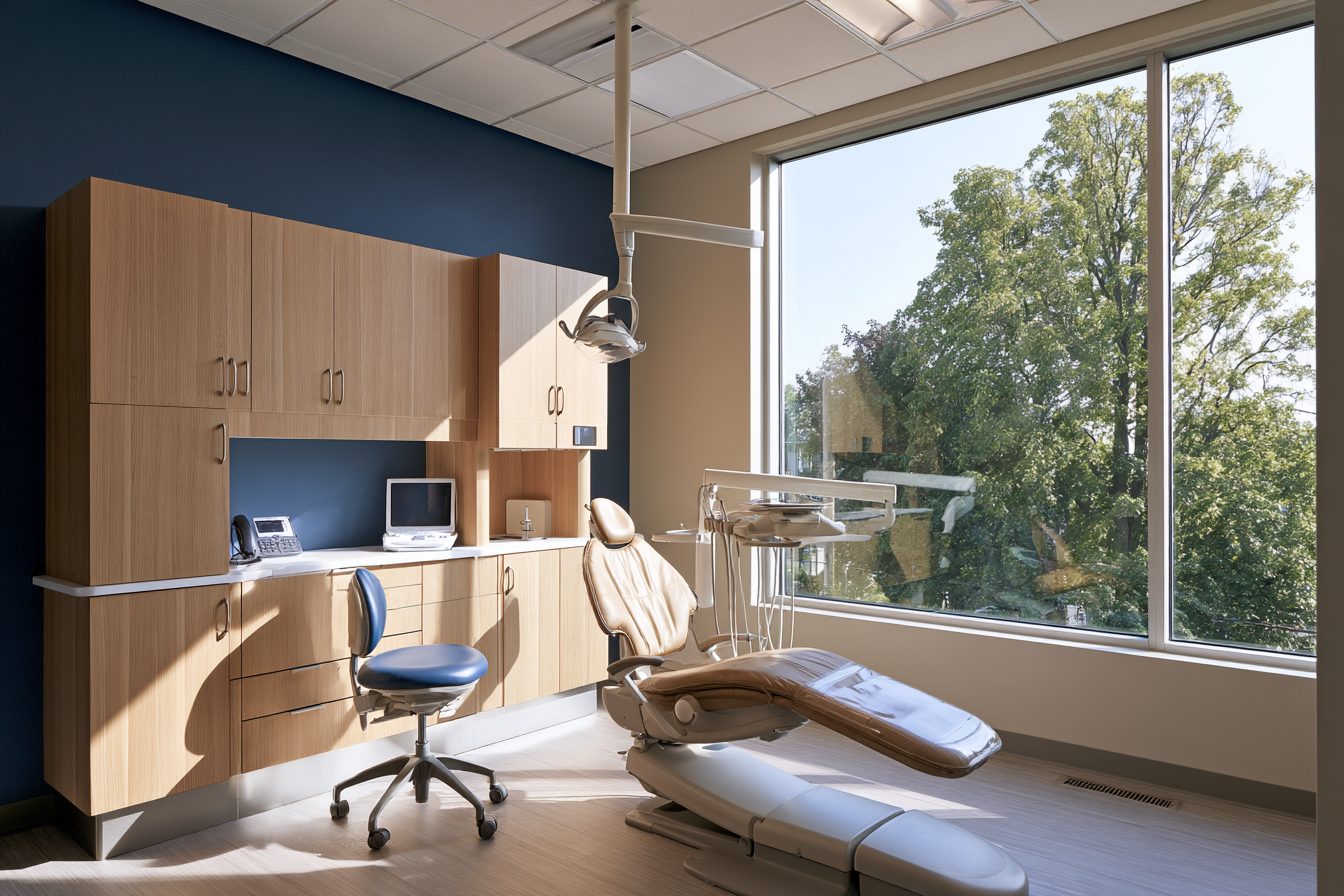 A bright treatment room with oak cabinets and a navy wall