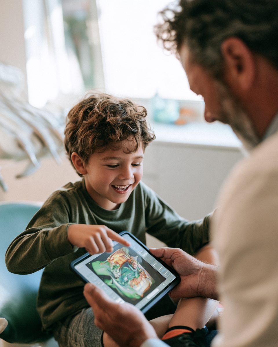 A boy pointing at a 3D scan of his teeth on a tablet