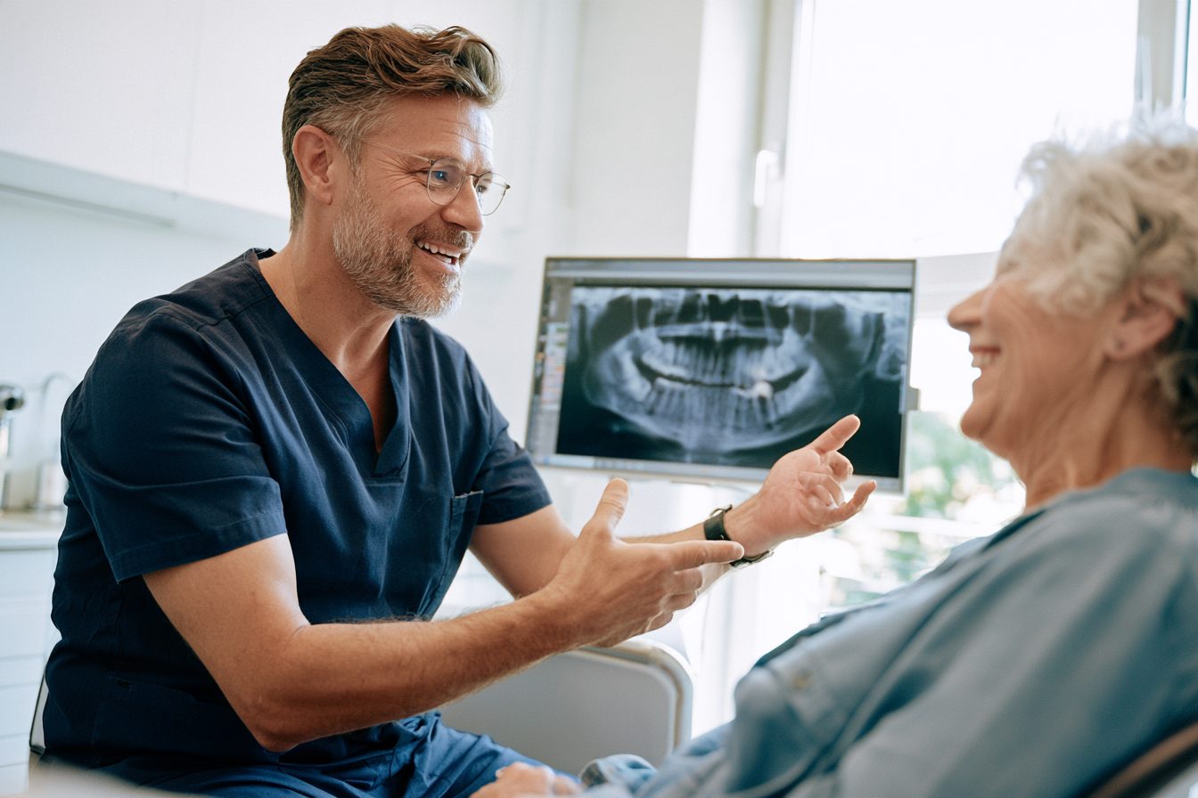 A dentist walking an older patient through her X-ray